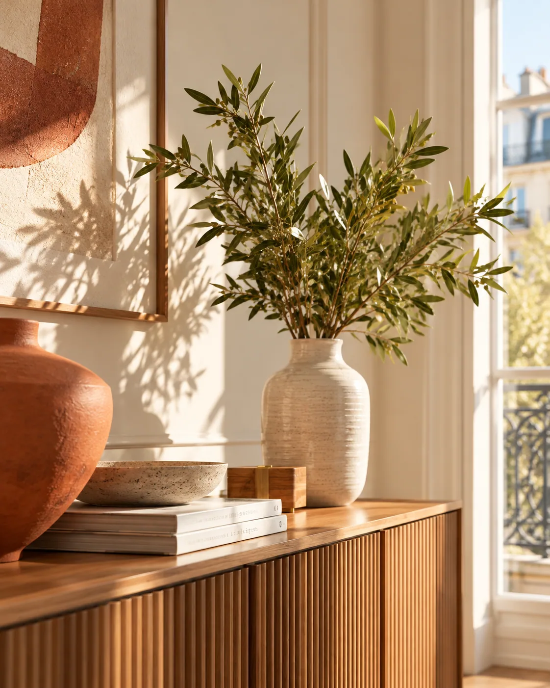Détail d’un espace commun de bureau : buffet en bois, vase et lumière du jour