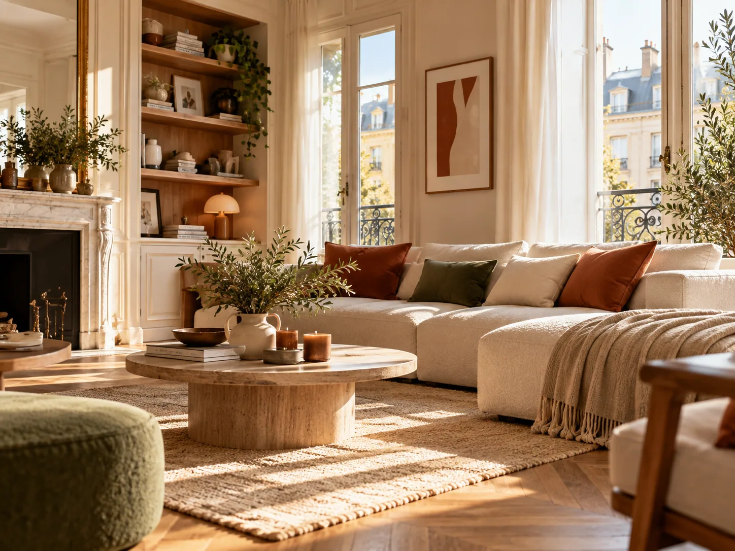 Détail d’un salon d’appartement lumineux et chaleureux