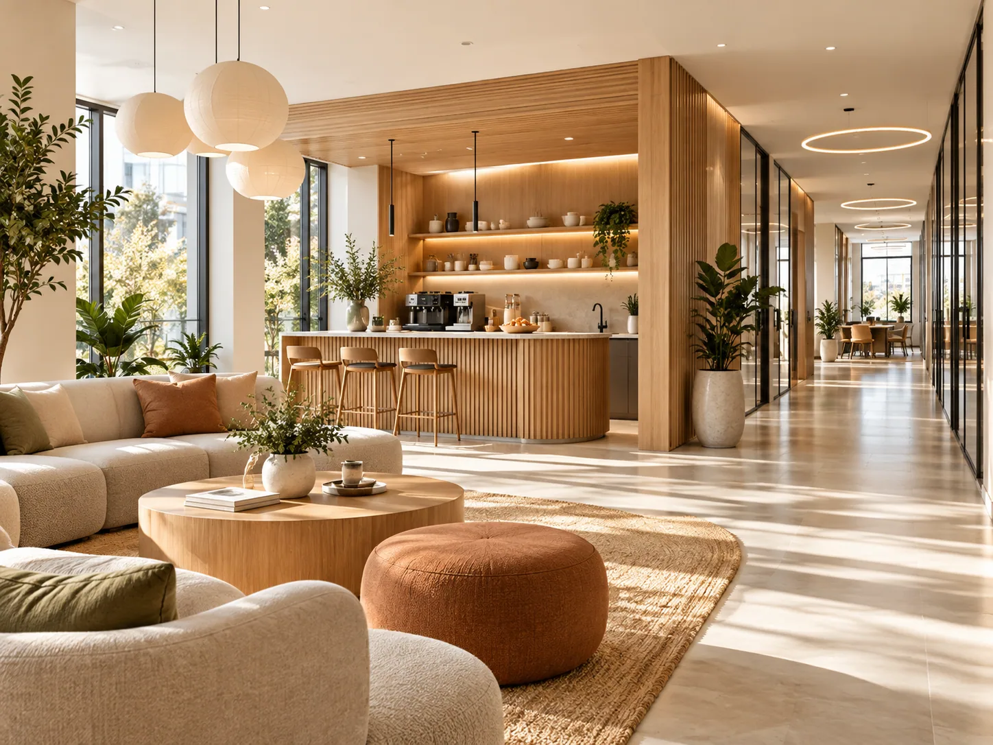 Espace de pause lumineux avec bar en bois et couloir de bureaux