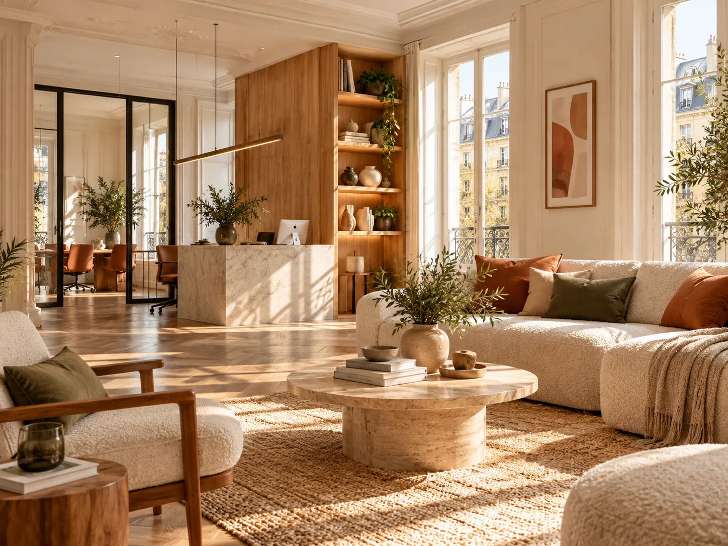 Bureaux aux finitions soignées, avec postes de travail et lumière naturelle